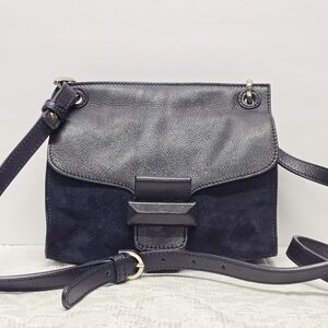 Massimo Dutti Navy Blue Genuine Leather And Suede Preppy Crossbody Bag